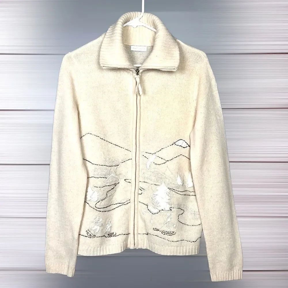 Vintage Charter Club Embroidered Winter Skating Scene Wool Blend Zip Front S-M